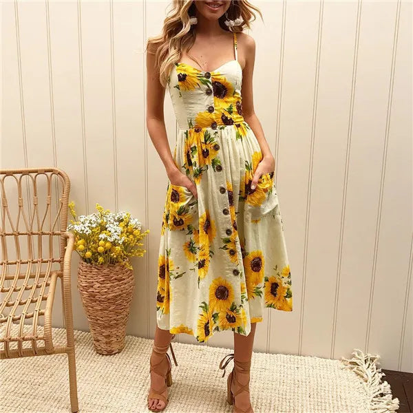 Vestido Boho Floral Midi com Botões e Costas Abertas