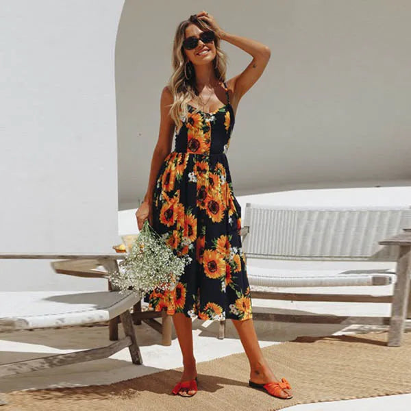 Vestido Boho Floral Midi com Botões e Costas Abertas
