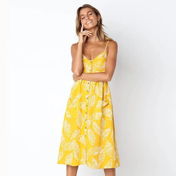 Vestido Boho Floral Midi com Botões e Costas Abertas