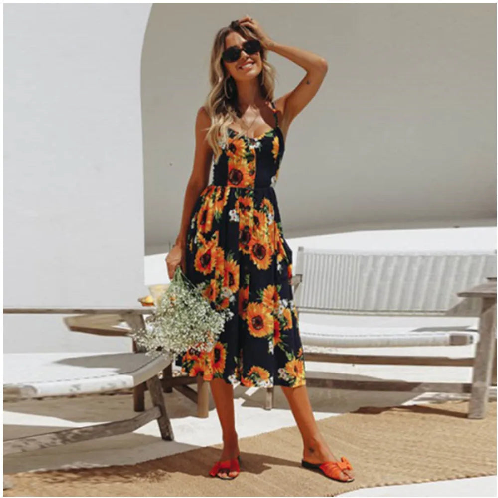 Vestido Boho Floral Midi com Botões e Costas Abertas