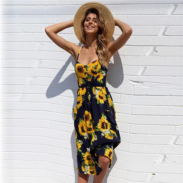 Vestido Boho Floral Midi com Botões e Costas Abertas