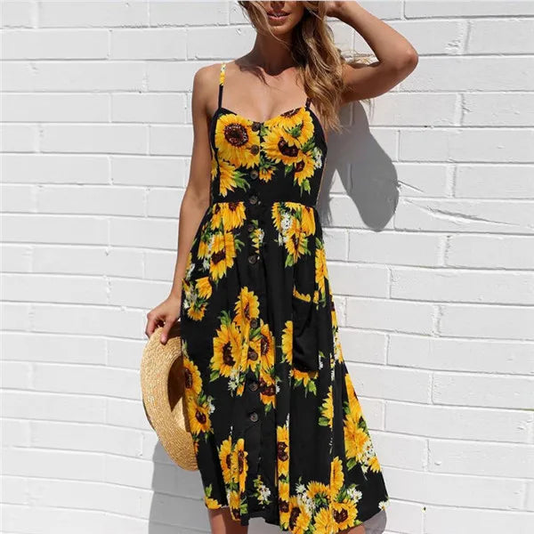 Vestido Boho Floral Midi com Botões e Costas Abertas
