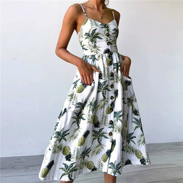 Vestido Boho Floral Midi com Botões e Costas Abertas
