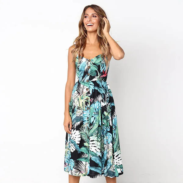 Vestido Boho Floral Midi com Botões e Costas Abertas