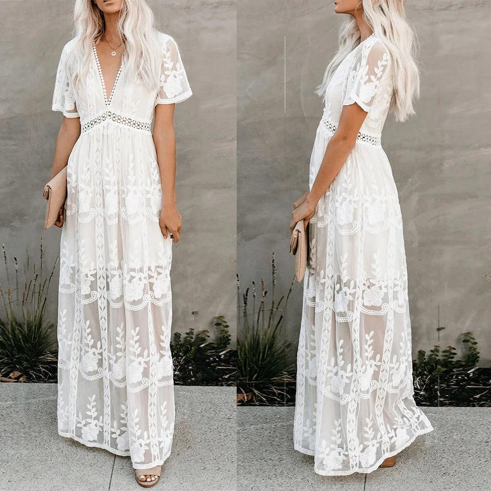 Vestido Longo Boho Branco com Renda e Bordado