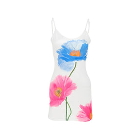 Vestido Curto Branco com Estampa e Costas Abertas
