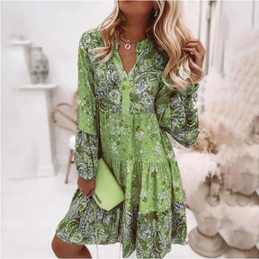 Vestido Midi Boho com Estampa e Mangas Longas