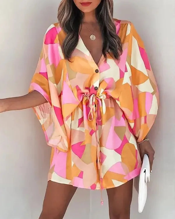 Vestido Casual de Verão com Estampa e Decote em V