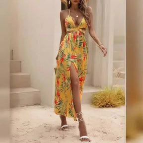 Vestido Longo com Fenda e Decote