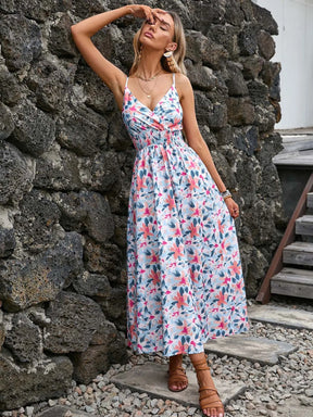 Vestido Longo Estampado com Decote Profundo