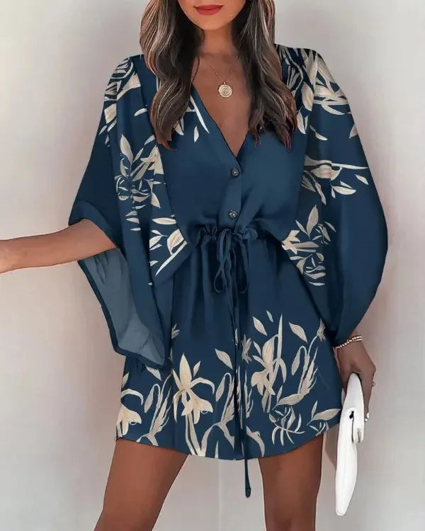 Vestido Casual de Verão com Estampa e Decote em V