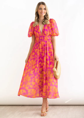 Vestido Longo Estampado com Mangas Bufantes