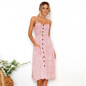 Vestido Boho Floral Midi com Botões e Costas Abertas