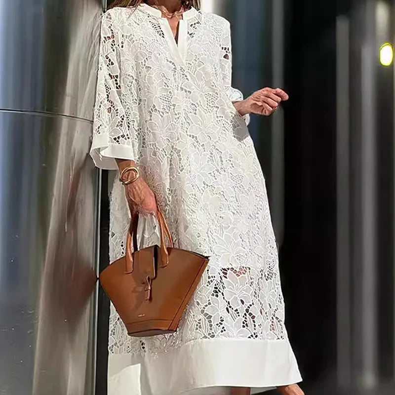 Vestido Longo Branco com Renda e Bordado