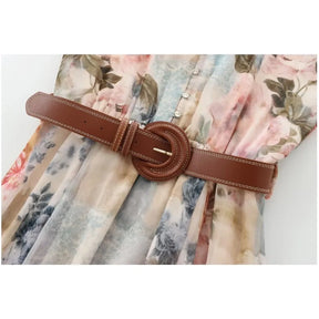 Vestido Longo Feminino Estampado com Cinto e Mangas Longas