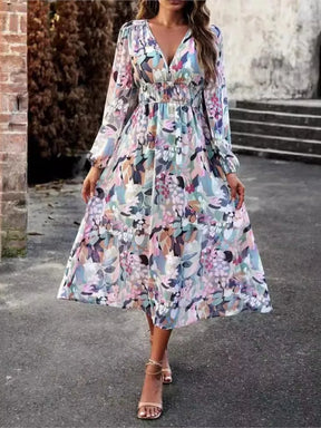 Vestido Midi com Decote em V e Mangas Longas